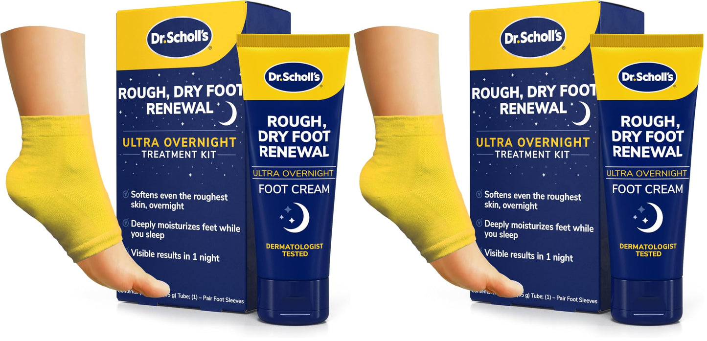 Dr. Scholl's Rough,Dry Foot Renewal Ultra Overnight Treatment-Overnight Foot Cream 3oz with Aloe,Coconut Oil,Urea &Heel Sleeve Socks,Deeply Moisturize & Soften Feet,Dermatologist Tested,(Pack of 2)