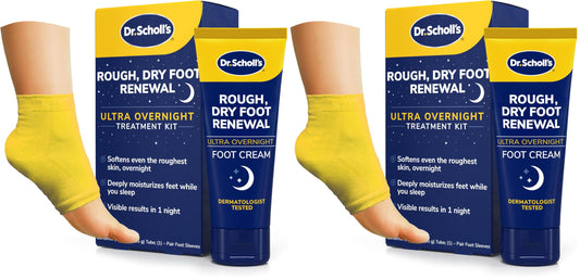 Dr. Scholl's Rough,Dry Foot Renewal Ultra Overnight Treatment-Overnight Foot Cream 3oz with Aloe,Coconut Oil,Urea &Heel Sleeve Socks,Deeply Moisturize & Soften Feet,Dermatologist Tested,(Pack of 2)