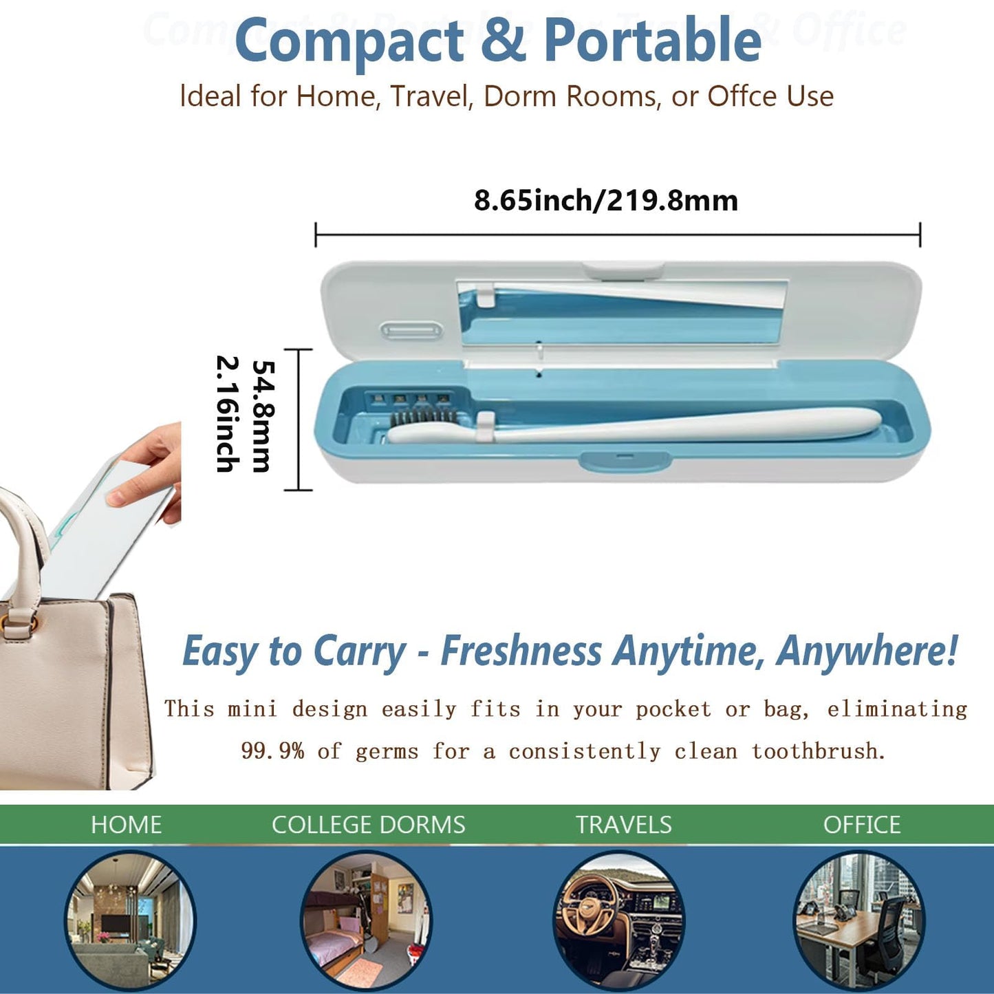 UWTLFCE UV-C Toothbrush Case for Travel, Portable Toothbrush Case with Holder, USB-C or AA Battery Powered, Plastic Tooth Brush Container Cover for Household STB-062 Blue