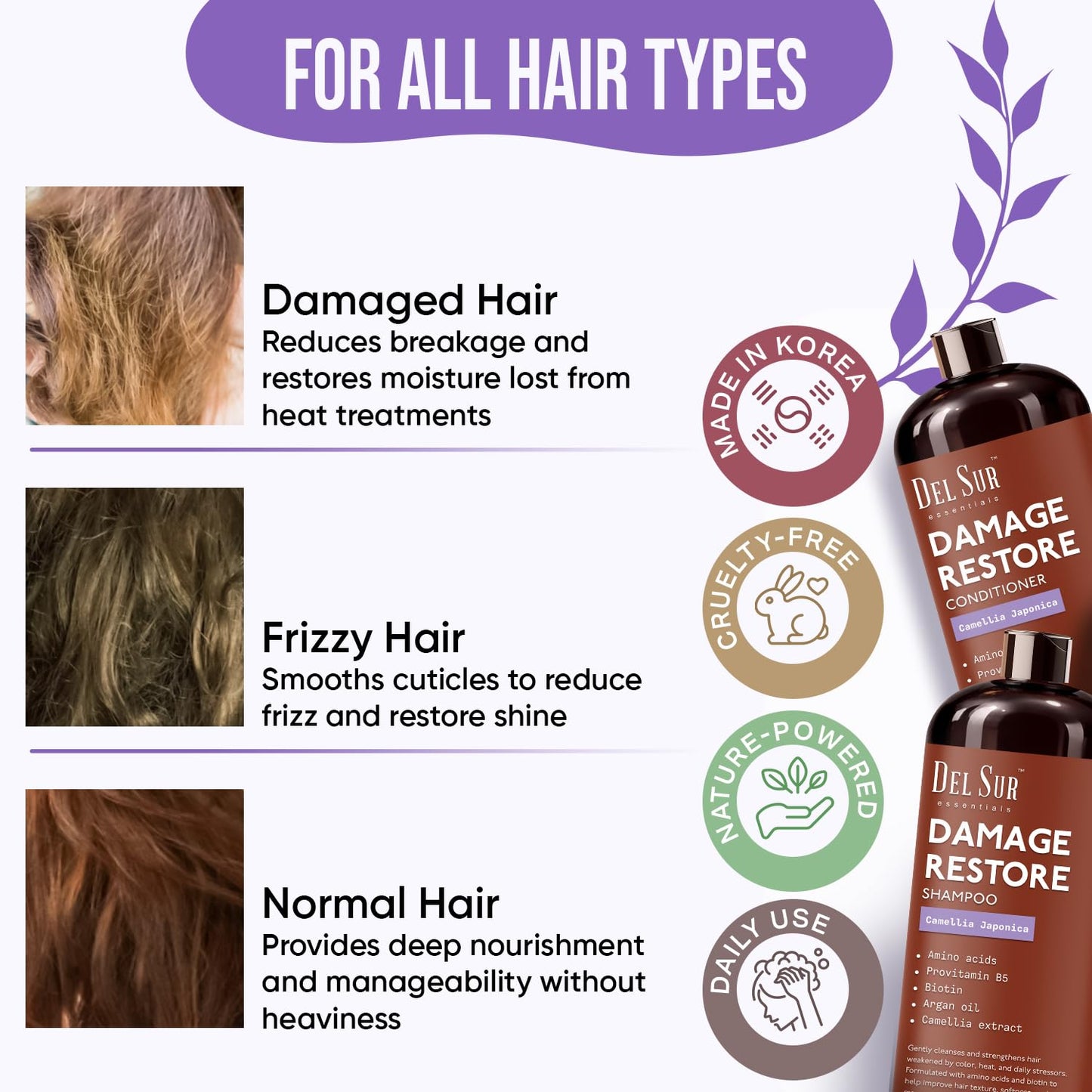 DEL SUR Hair Repair Shampoo and Conditioner Set | 16 fl oz Each | with Camellia Japonica, Amino Acids, Biotin & Argan Oil | Moisturizing Strength & Damage Repair for Dry, Damaged Hair