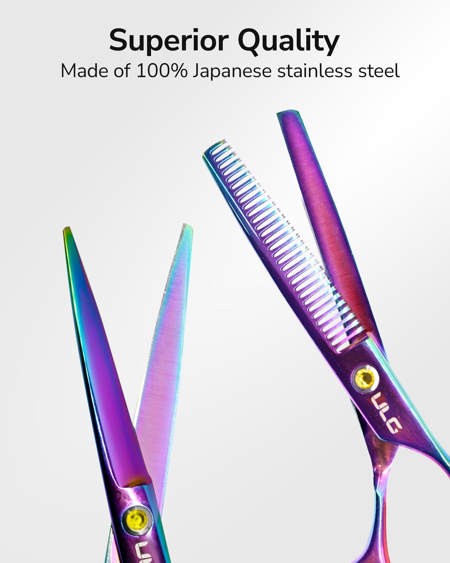 ULG Professional Hair Scissors Kit Right-Hand Razor Edge Barber Scissors Salon Hair Cutting Shears Made of Japanese Stainless Steel, Hand Sharpened 6.5 inch Rainbow