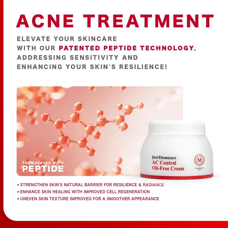 JEU'DEMEURE Korean skin care Acne Control Treatment Oil-Free Cream for Sensitive Skin, Pimple Breakout, Peptide, Calming, Blemish Acne 1.69 fl oz