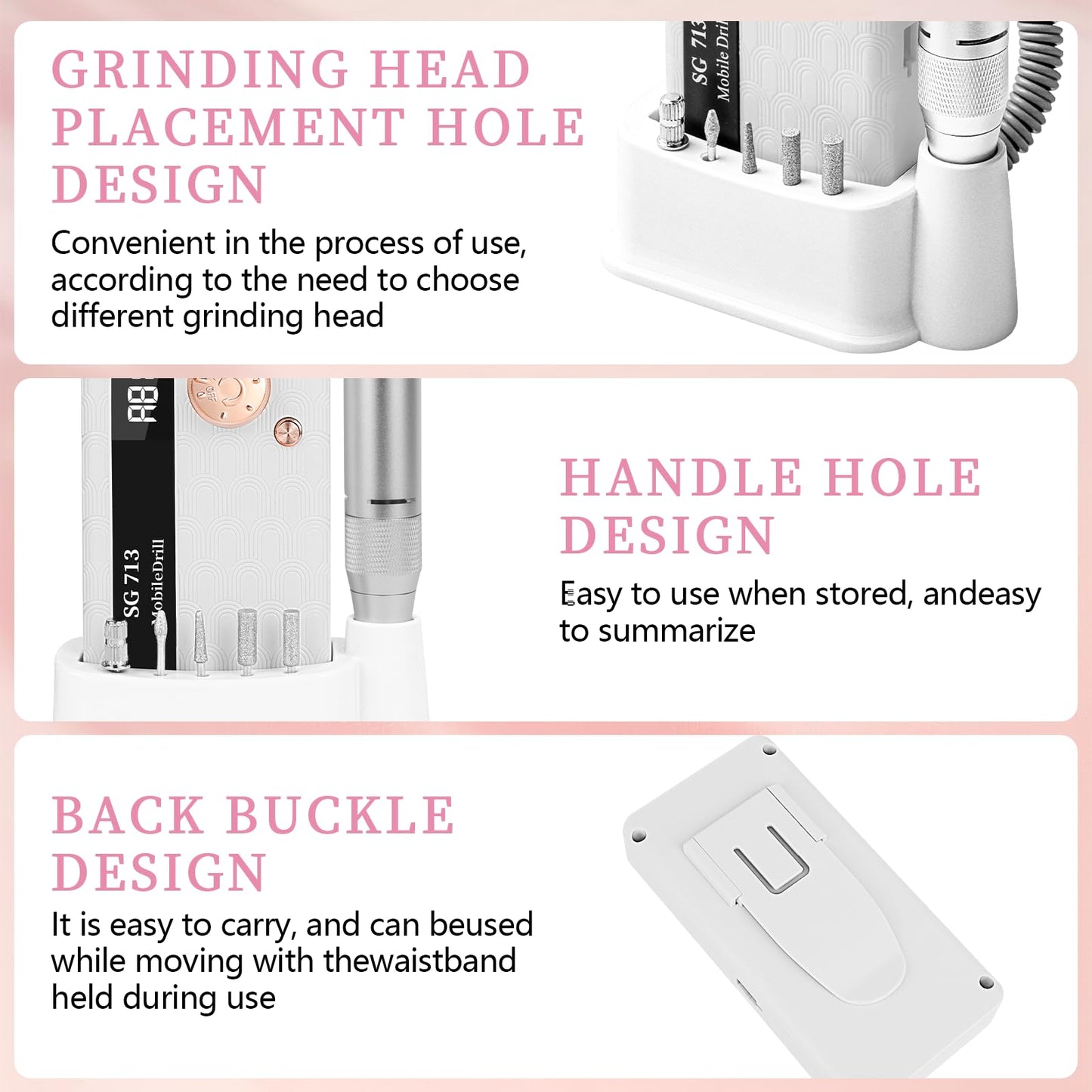 Electric Nail File Professional Kit - 45000RPM Portable Nail Drill Electric File with 11 Bits & Base丨LED Screen丨Ultra-Silent, Rechargeable Nail Drills Machine for Acrylic Nails Gel Polishing (White)