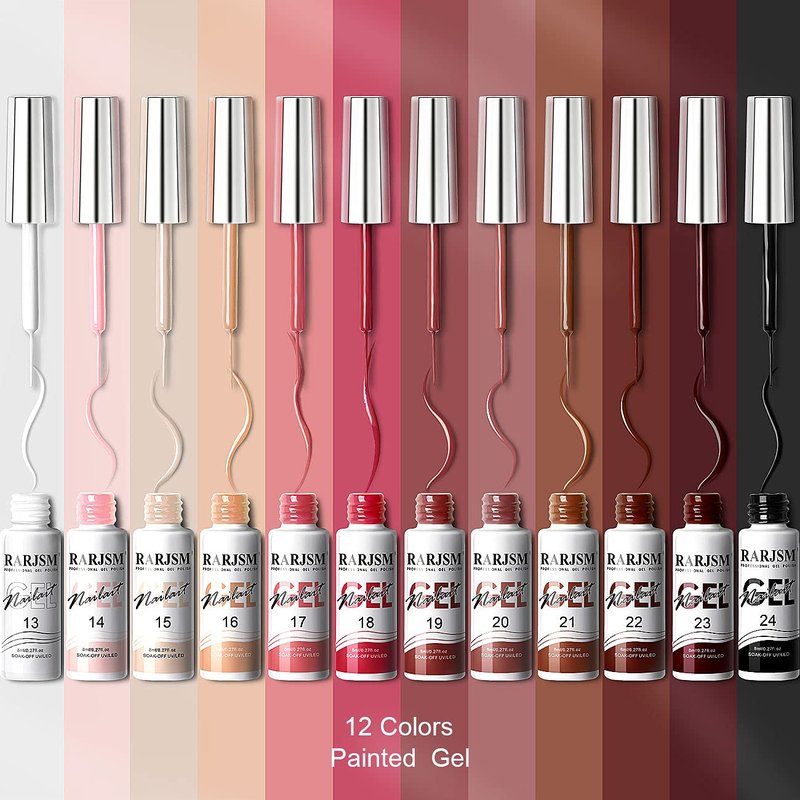 RARJSM Nail Art Gel Liner Painting Polish Set 12 Colors Autumn Winter Brown Wine Red Collection,Painted Gel Nail Polishes Soak Off Curing Requires Salon DIY Manicure NailArt Design Line Art Gelpolish