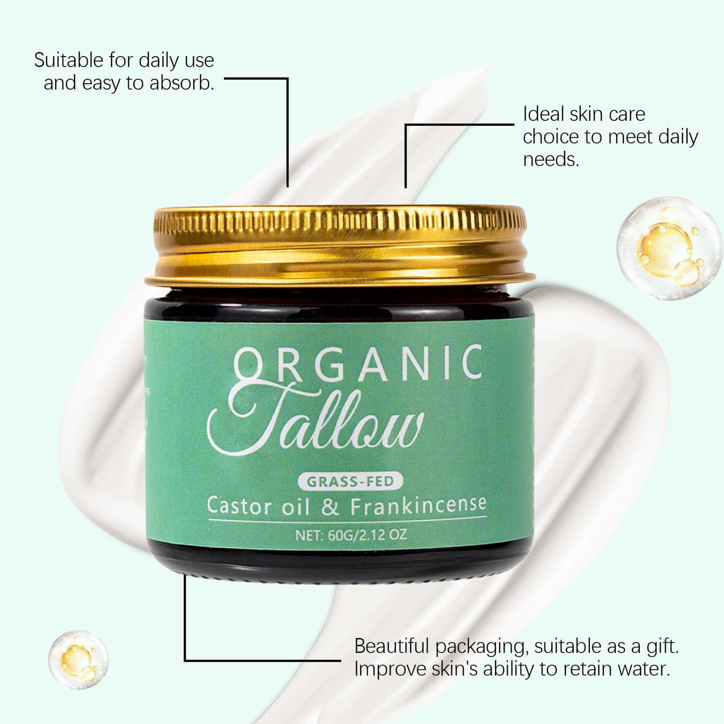 KBSBUBB Organic Tallow Balm with Castor Oil & Frankincense for Natural Skincare & Moisturizing, Tallow Cream Castor Oil and Frankincense