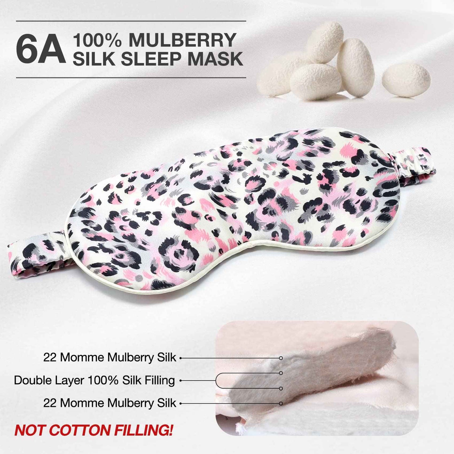 MANSPHIL Mulberry Silk Eye Sleeping Mask, Leopard Pink Print Pattern, 22 Momme 100% Silk Filled Sleep Mask for Travel, Nap - Gift Box