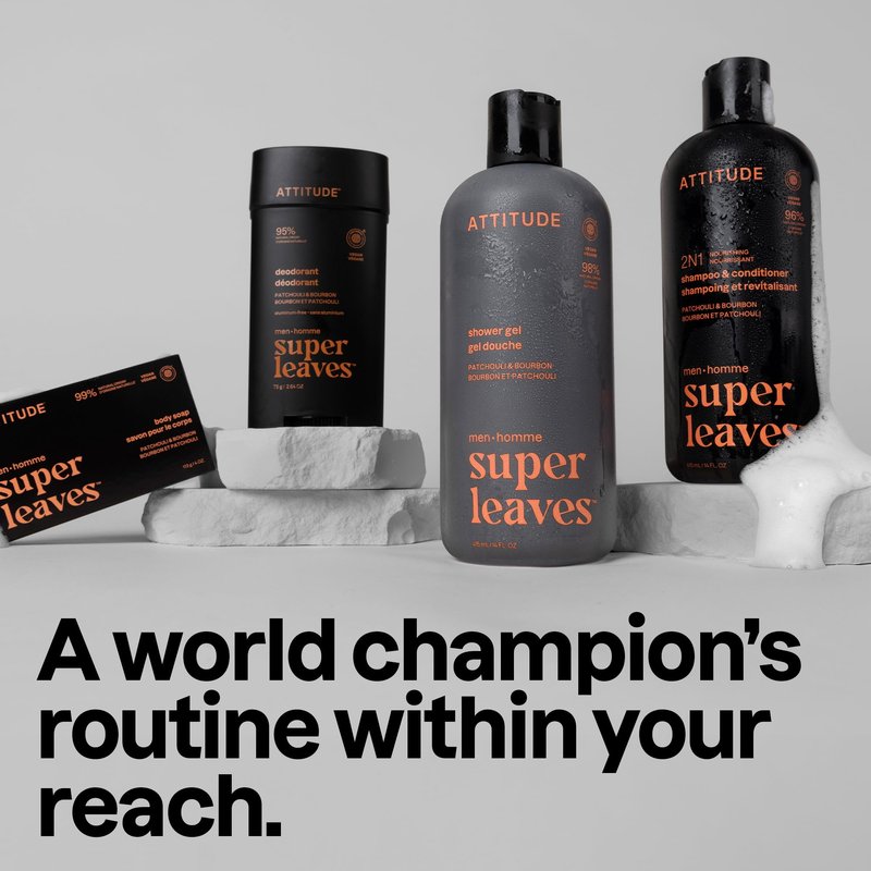 ATTITUDE Men's Shampoo and Conditioner 2-in-1, Nourishing For Dry Hair and Scalp, With Panthenol and Ginseng, 97% Natural Origin Ingredients, EWG Verified, Patchouli & Bourbon, 14 Fl Oz