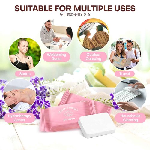 Fcaeon Disposable Face Towel Large Ultra Soft Compressed Towel Tablets for Travel Individually Wrapped, 12x9 Inch Portable Face Washcloths Reusable for Gym Hiking Camping Outdoor Sports(50 Pcs Pink)
