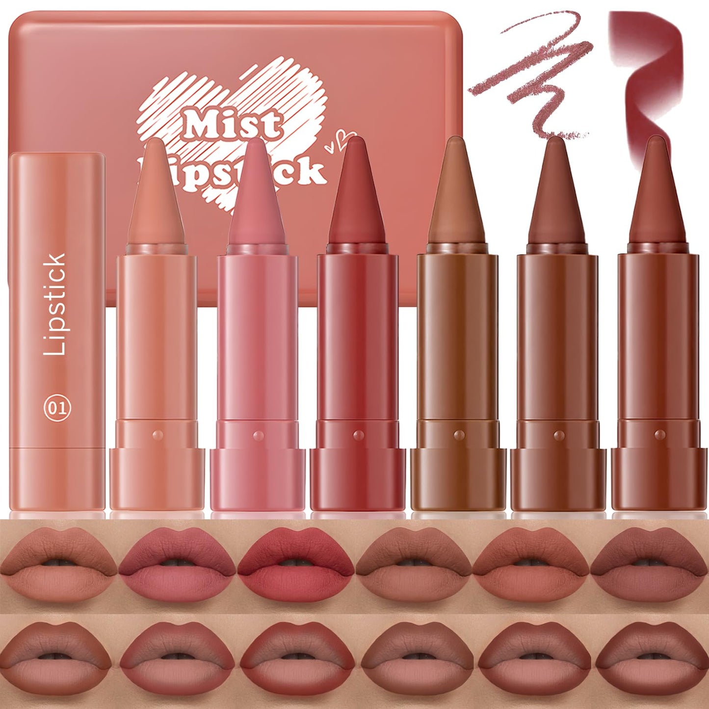 Wugbc Brown Lip Liner Set 6 Colors 2 in 1 Gradient Lip Liner and Lipstick Combo Long lasting Dark Brown Red Creamy Lip Pencil Contour Matte Lipstick for Women Smooth High Pigmented Crayon Cone Tip