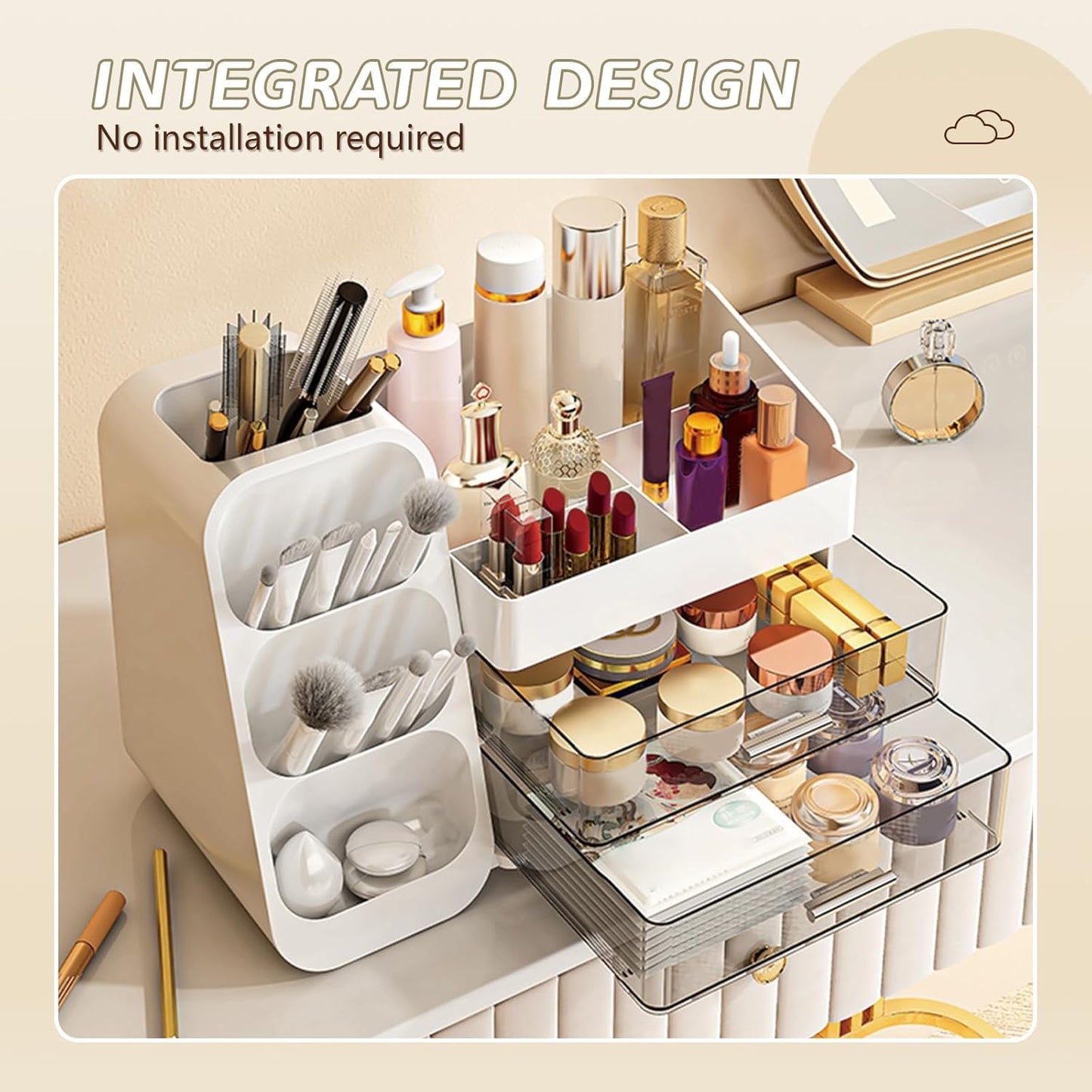 Makeup Organizer - Large Capacity Cosmetics Display Case with Drawers | White Beauty Storage Box