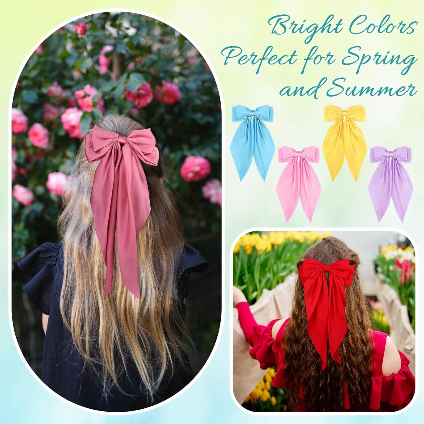 32Pcs Satin Hair Bows - Oversized Silky Hair Clips for Women | Large Ribbons with Long Tails