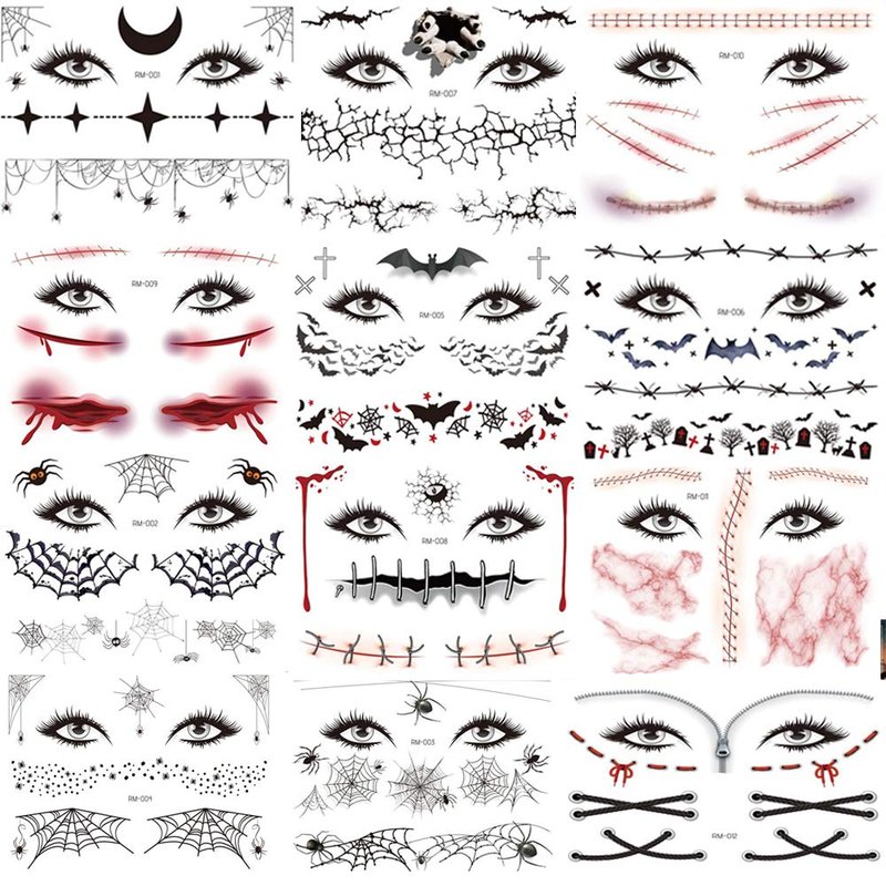 Halloween Temporary Tattoos Day of the Dead Face Tattoos Spider Eye Web Tattoos Sticker 12 Sheets Day of the Dead Makeup Decals for Halloween Party Decorations