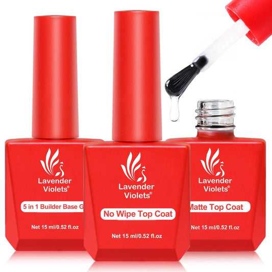 Lavender Violets 3pcs 15ml 5-in-1 Builder Base Gel & Blooming Gel & No Wipe Top Coat Set, Blossom Effect Nail Strengthening Extension Rhinstone Glue for Starter Salon-Quality Home DIY A10_246