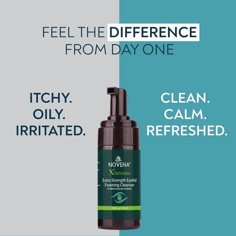 NOVEHA Demodex Eyelid Cleanser Foam | Extra Strength Tea Tree Oil Formula | Daily Face Wash For Eyelash, Demodex, MGD, Stye Eyes, Eye Irritations & Skin Dryness, 3.38 fl. oz. (100ml) - (Pack of 2)