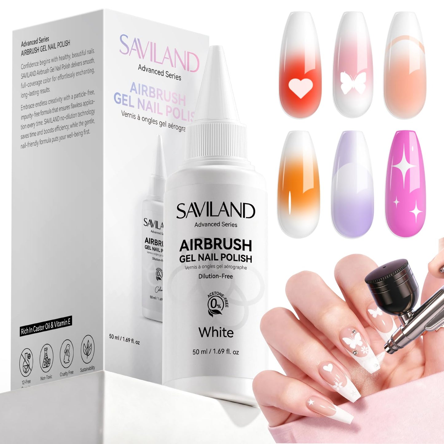 SAVILAND Airbrush Gel Nail Polish: 50 ml Dilution-Free White Gel Nail Polish Non-Acetone Airbrush Paint for Nails with Fine Mist for Gradient Ombre Blush French Nails Art Paint Salon