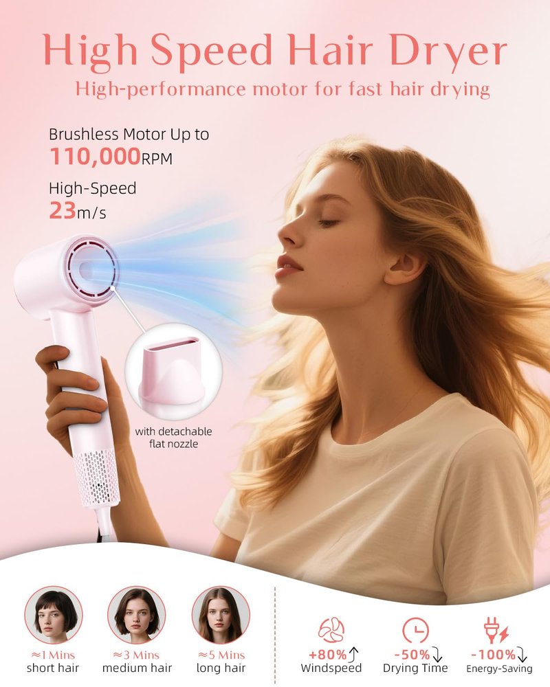 RUCHA Negative Ion Hair Dryer, 120V High-Speed Blow Dryer with 110,000 RPM Motor for Fast Drying, 4 Temps & 2 Speeds, Lightweight Frizz-Free Hairdryer with Magnetic Nozzle – Perfect for Home & Travel