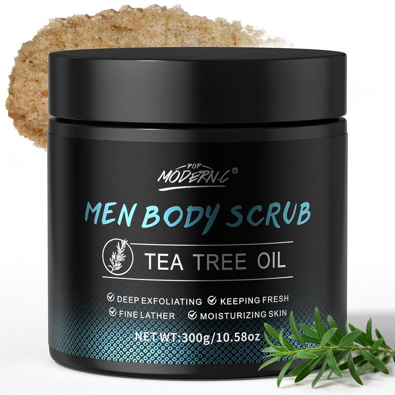 Men's Tea Tree Oil Body Scrub - Exfoliating Skin Treatment for Odor Control | 2% BHA & 10% AHA Formula