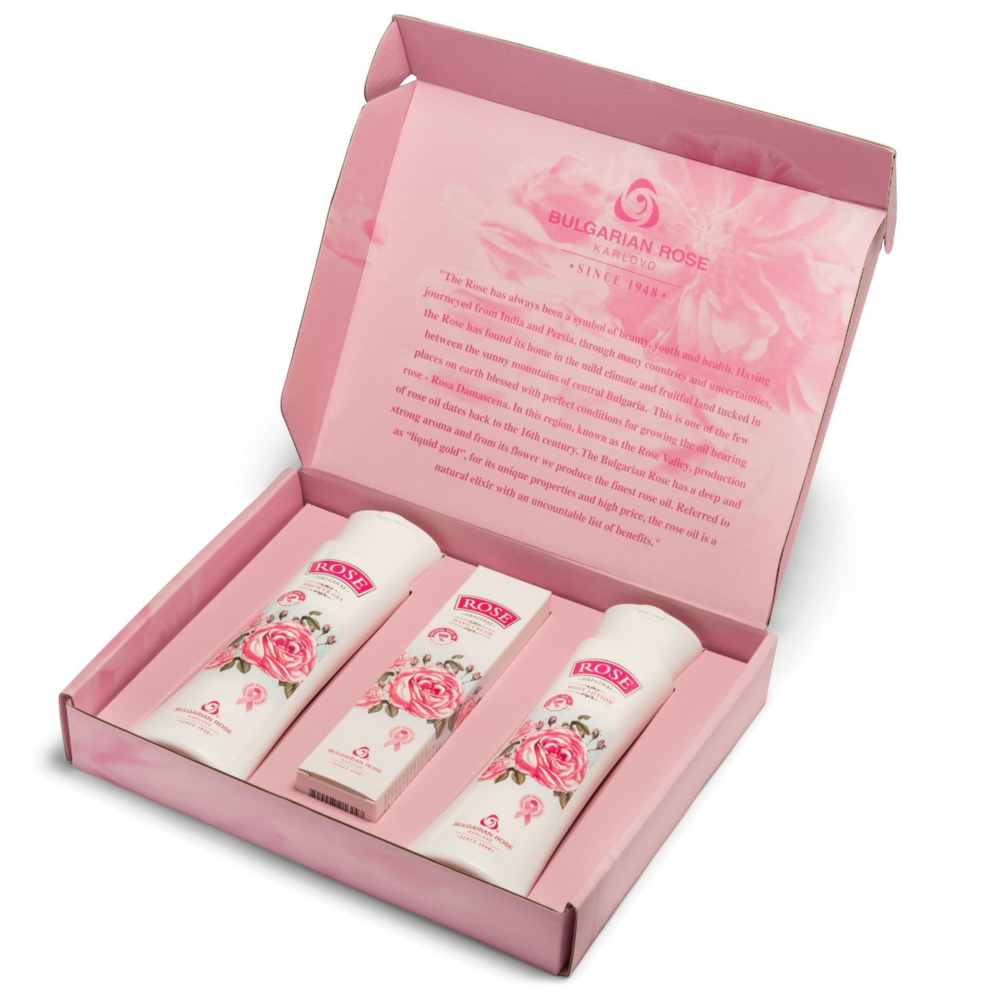 Bulgarian Rose Oil Moisturizing Body Care 3 Piece Gift Set - Natural Rose Body Lotion for Soft and Smooth Skin, Moisturizing Shower Gel and Hand Cream