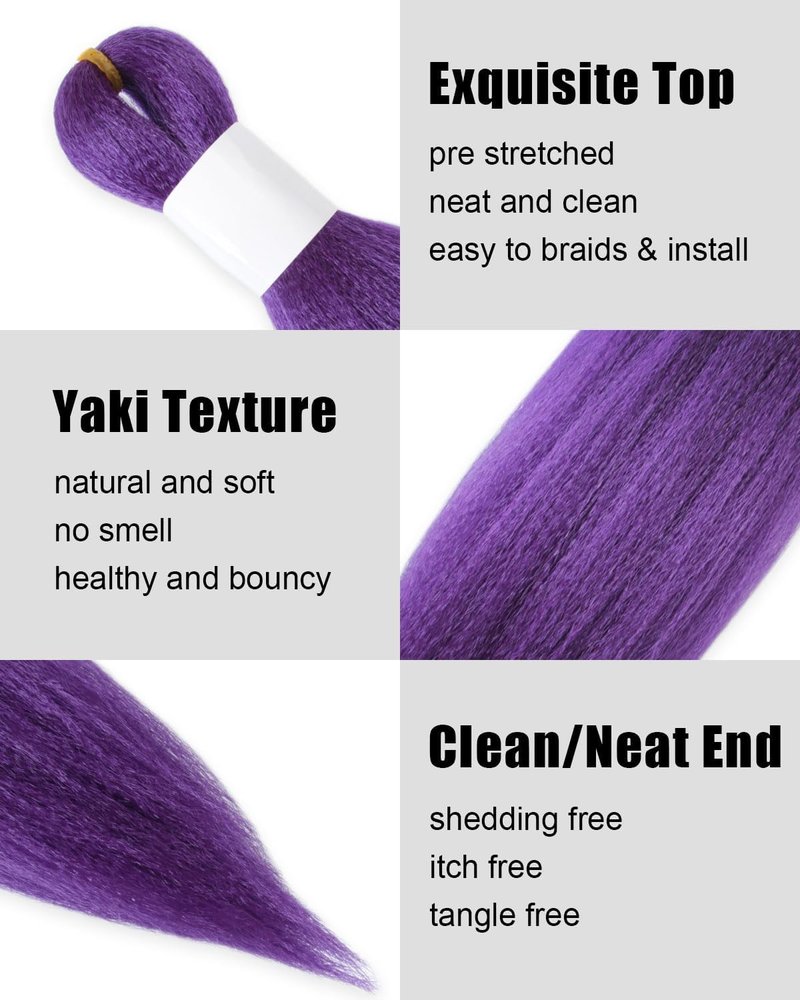 Braiding Hair Pre-stretched Extension Synthetic Yaki Purple Braiding Hair Extensions for Gril Kid Woman Adults 24 Inch Braiding Hair for K-POP Halloween Cosplay (Purple-2pcs 200 Gram 24 inch)