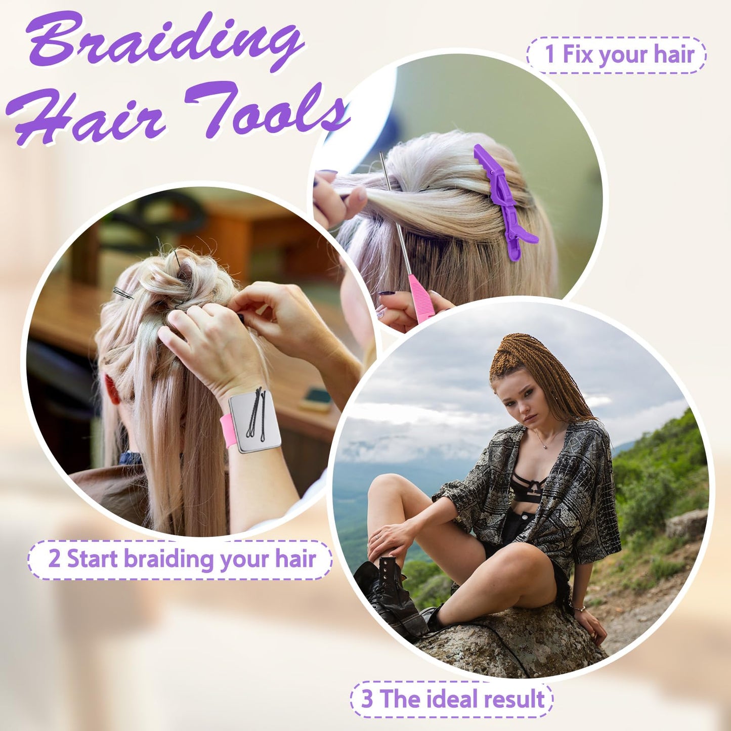 Juexica 19 Pieces Braiding Hair Rack Braid Hair Extension Tools Utensils Include Braiding Stand, 10 Parting Comb Ring, 5 Sectioning Clips, 2 Rat Tail Comb and Magnetic Pin Wristband(Purple)