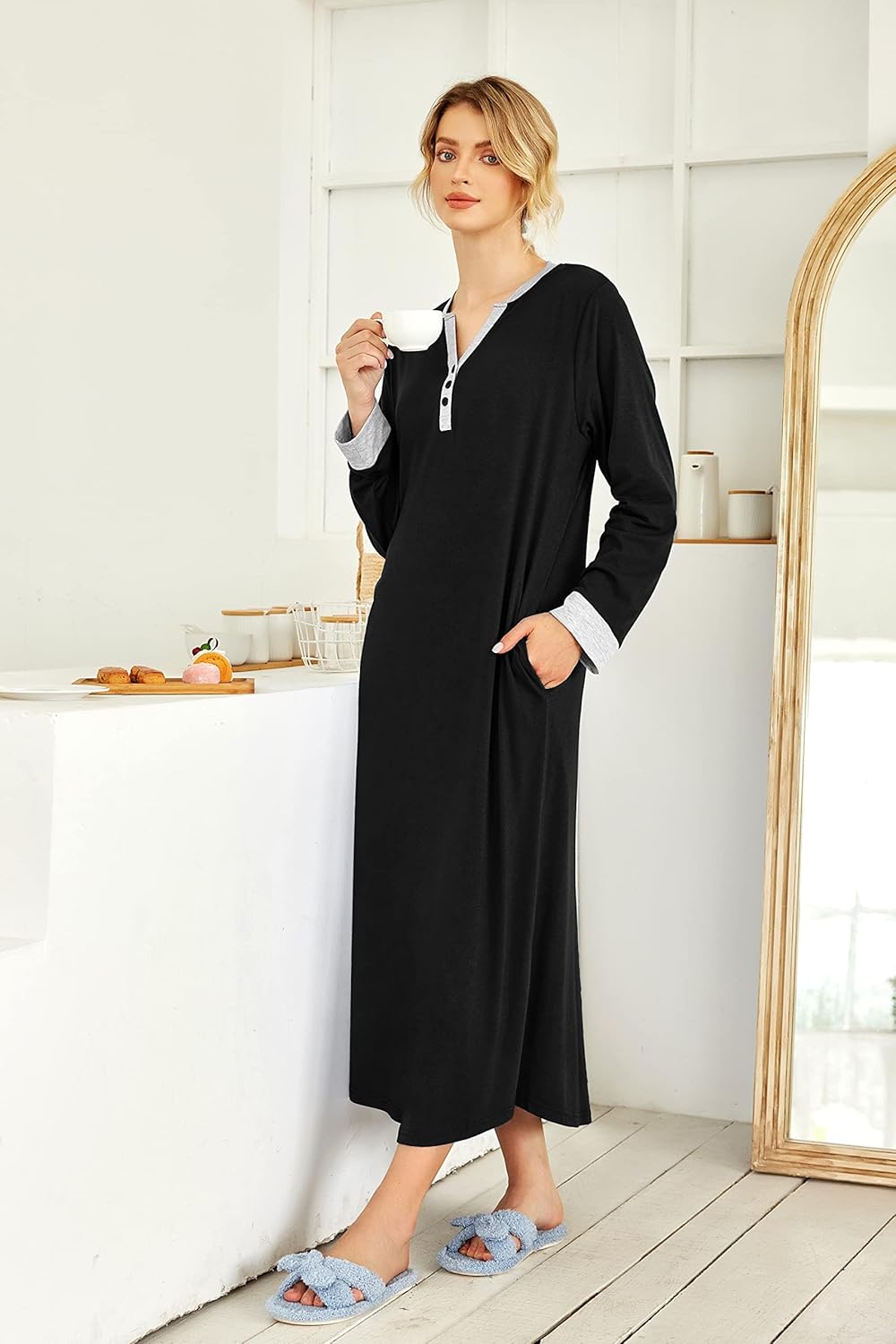 Ekouaer Women's V Neck Nightgown - Long Loungewear Sleepshirt with Pockets | Full Length Sleepwear