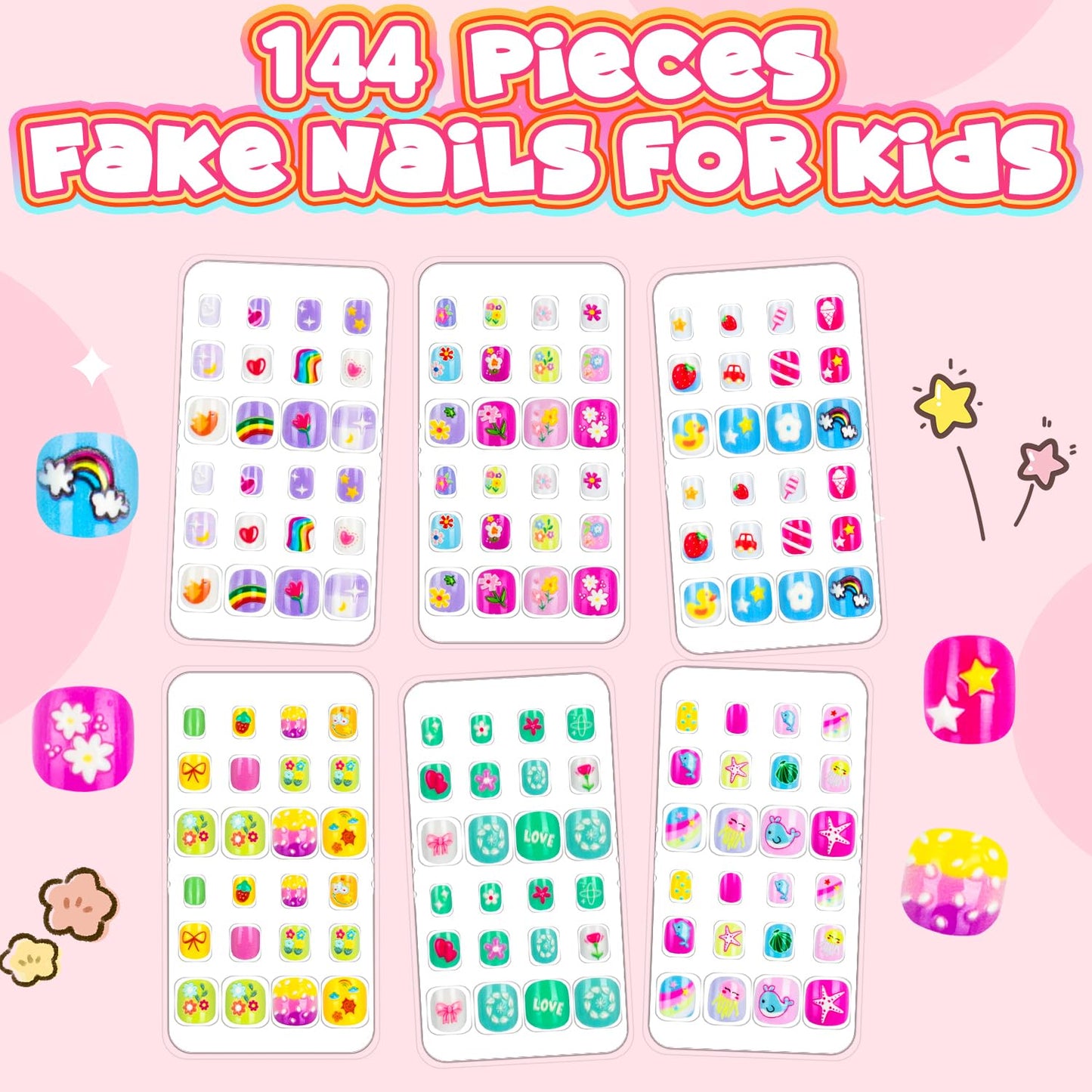 Kids Press-On Nails - 144 Pieces Full Cover Short Acrylic Nail Art Kits for Girls | Cute Patterns