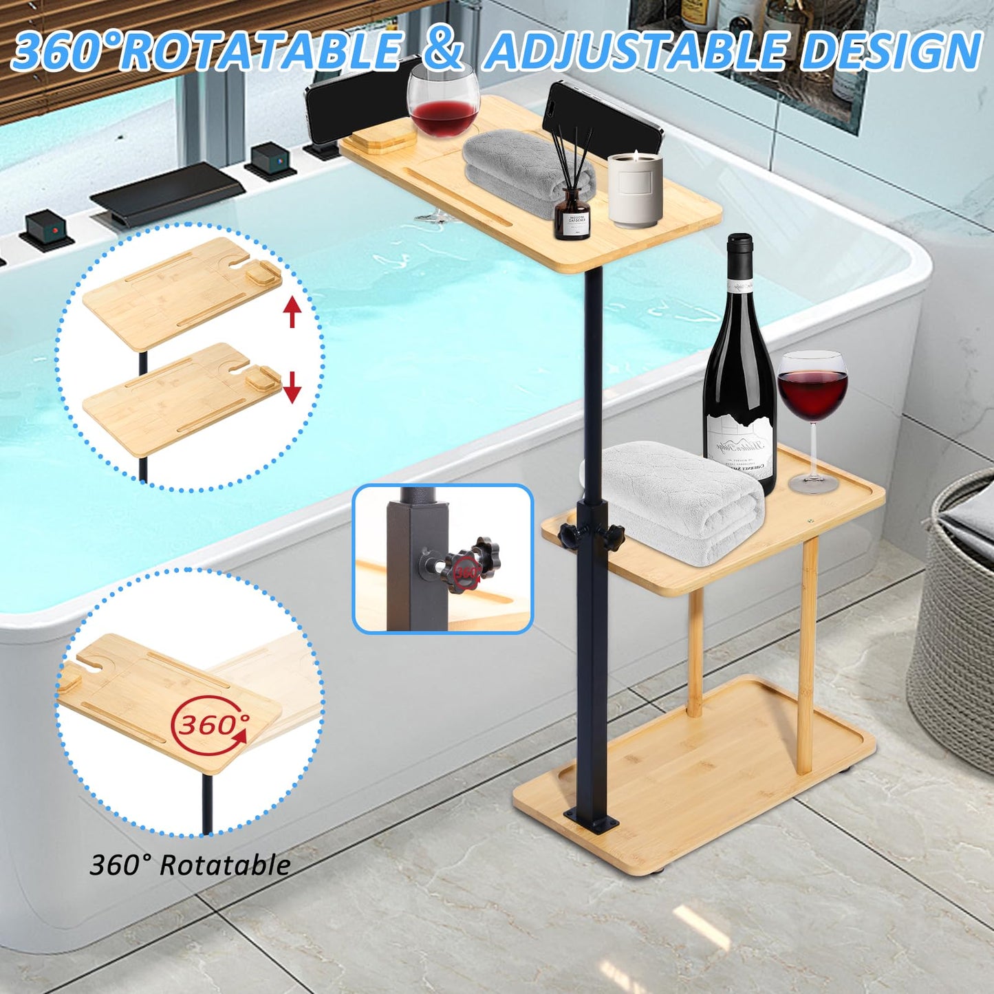 3 Layer Bath Tub Tray Table, Liftable Freestanding Bamboo Bath Tray Caddy for Tub Against Wall, Bath Table Tray Tub Shelf Bathroom Organizer Shelf for Luxury Spa and House Warming New Home