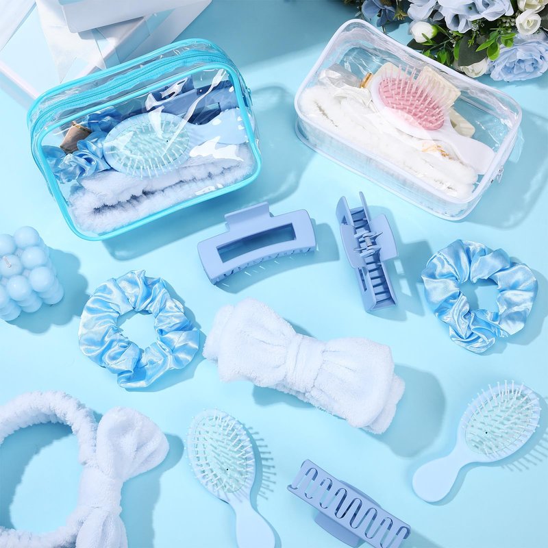 Wavyknot 40 Pcs Bachelorette Favor Set Include Headband Scrunchies Hair Claw Clips Hairbrush and Makeup Bag for Bridal Shower Party Gifts Bridesmaid Wedding Supplies (White and Blue)