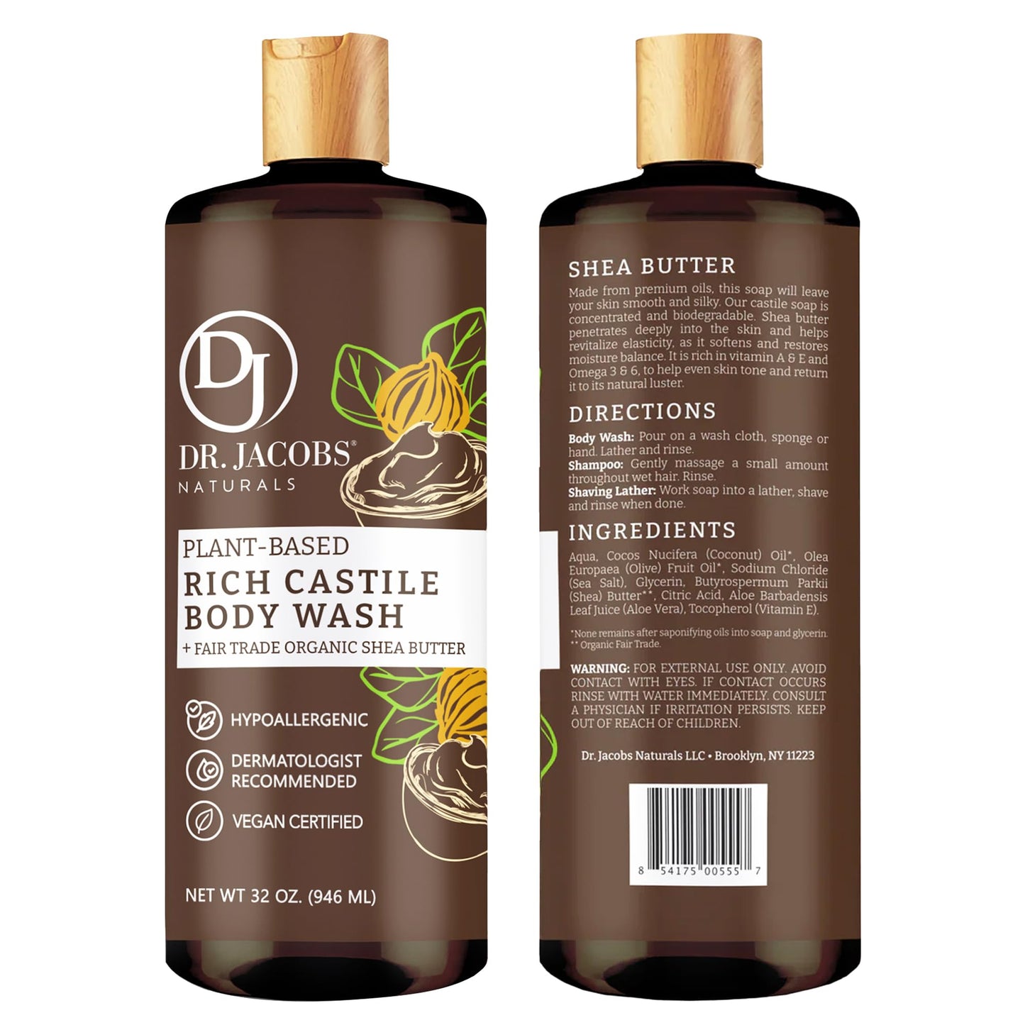 Dr. Jacobs Naturals Pure Castile Soap Liquid Body Wash, Shea Butter - Plant Based Soap Infused with Vitamin E and Aloe Vera to Moisturize Dry and Sensitive Skin - Made in the USA - 32 oz, Pack of 2