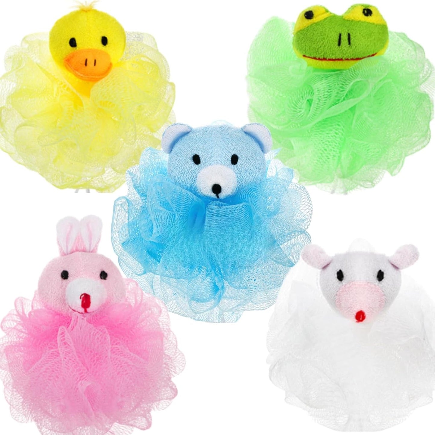 Kids Bath Loofahs - 15 Pack Cute Cartoon Animal Exfoliating Sponges | Small Travel Shower Poufs