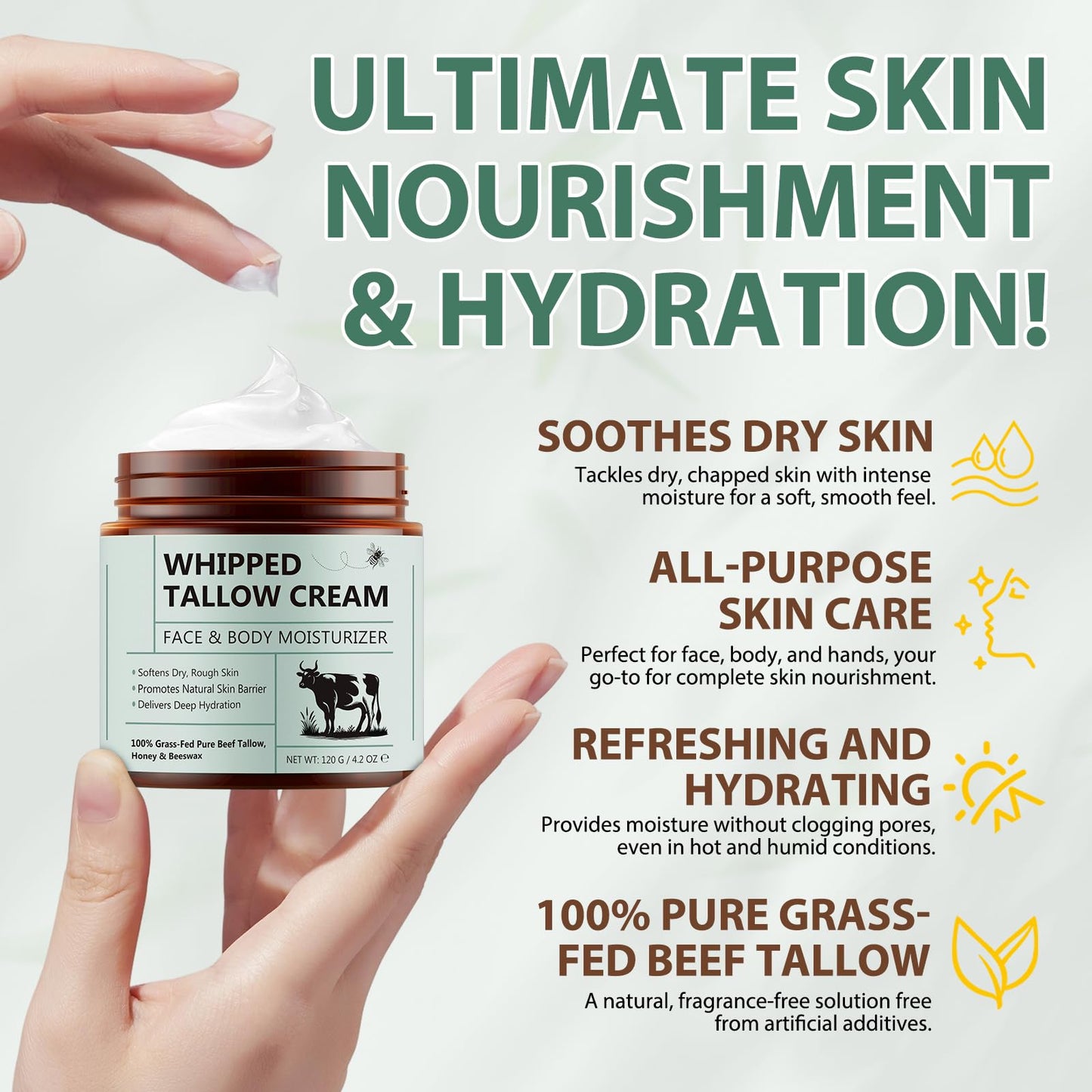 Cacukn Whipped Beef Tallow for Skin, Organic Face Moisturizer with Grass Fed Beef Tallow & Raw Honey, Deeply Moisturizes Face & Body, Reduces Skin Irritation and Sensitivity, 2 Pcs