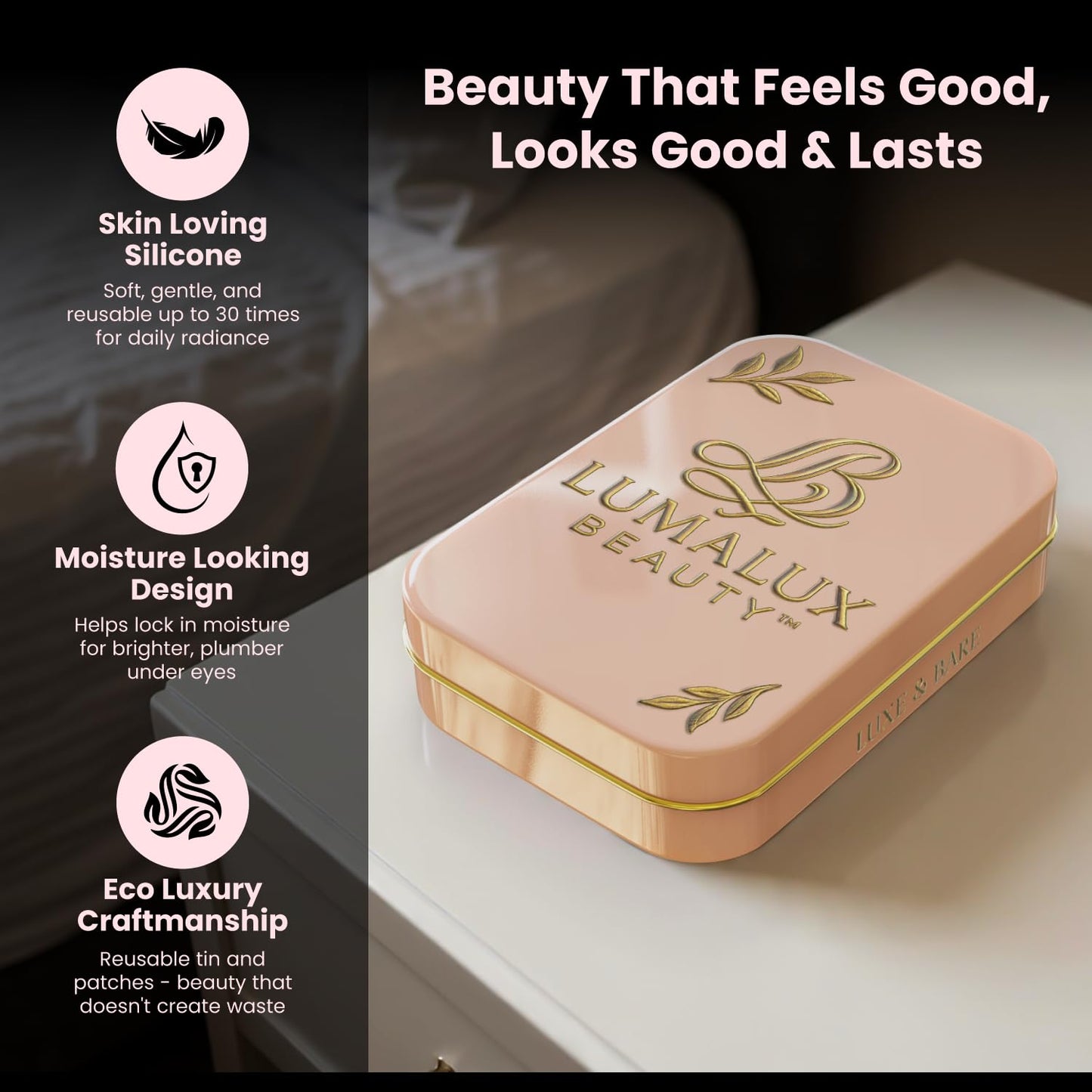 LUMALUX BEAUTY Reusable Under-Eye Patches – Premium Silicone Eye Masks for Depuffing, Hydrating & Brightening | Long-Term Reusable 30+ Uses | Luxe & Bare | 1 Pair + Storage Tin