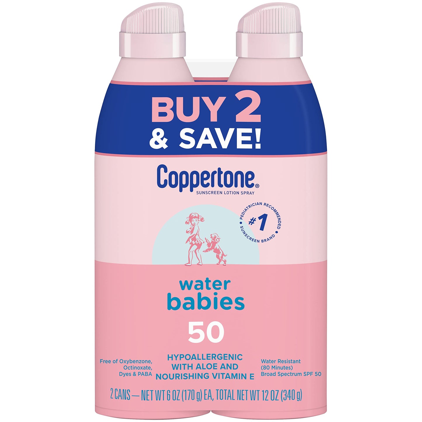 Coppertone WaterBabies Spray On Baby Sunscreen SPF 50, 6 Oz, Pack of 2