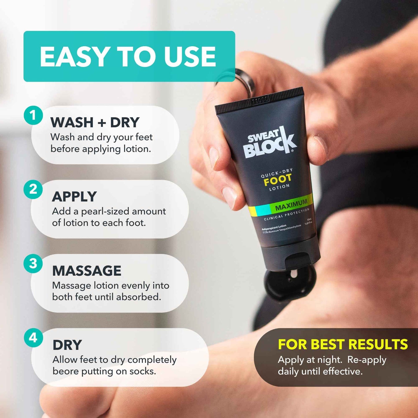 SweatBlock Foot Antiperspirant Lotion 1.69 fl oz for Excessive Sweating and Foot Odor Quick-Dry Hyperhidrosis Aid Eliminates Stinky Feet Non-Irritating Dermatologist Tested Formula for Men and Women