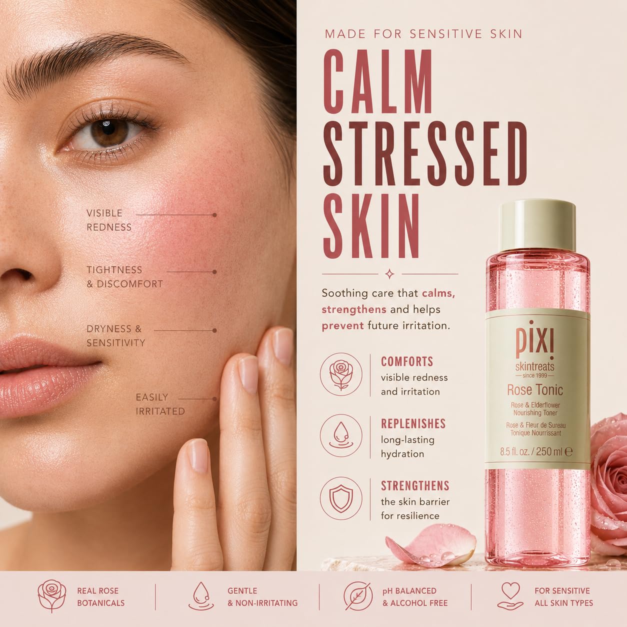 Pixi Rose Tonic Rose Hydrosol Toner Hydrates Skin, Minimize Redness, Rehydrates and Replenishes, 8.5 fl oz/250ml
