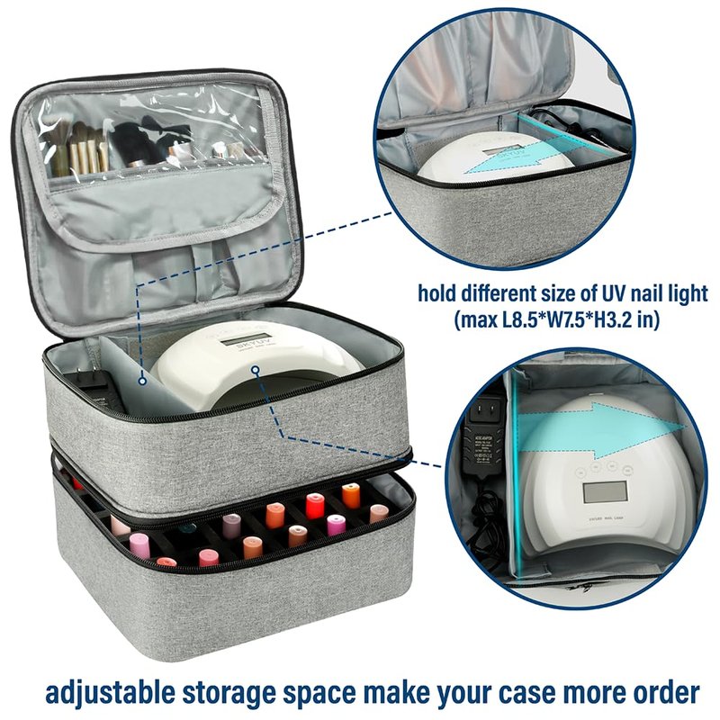 LIVEBAY Nail Polish Organizer Bag, Double-Layer Nail Supplies Organizer Holds 30 Bottles & Nail Lamp, Professional Nail Kit Storage Carrying Case (Gray)