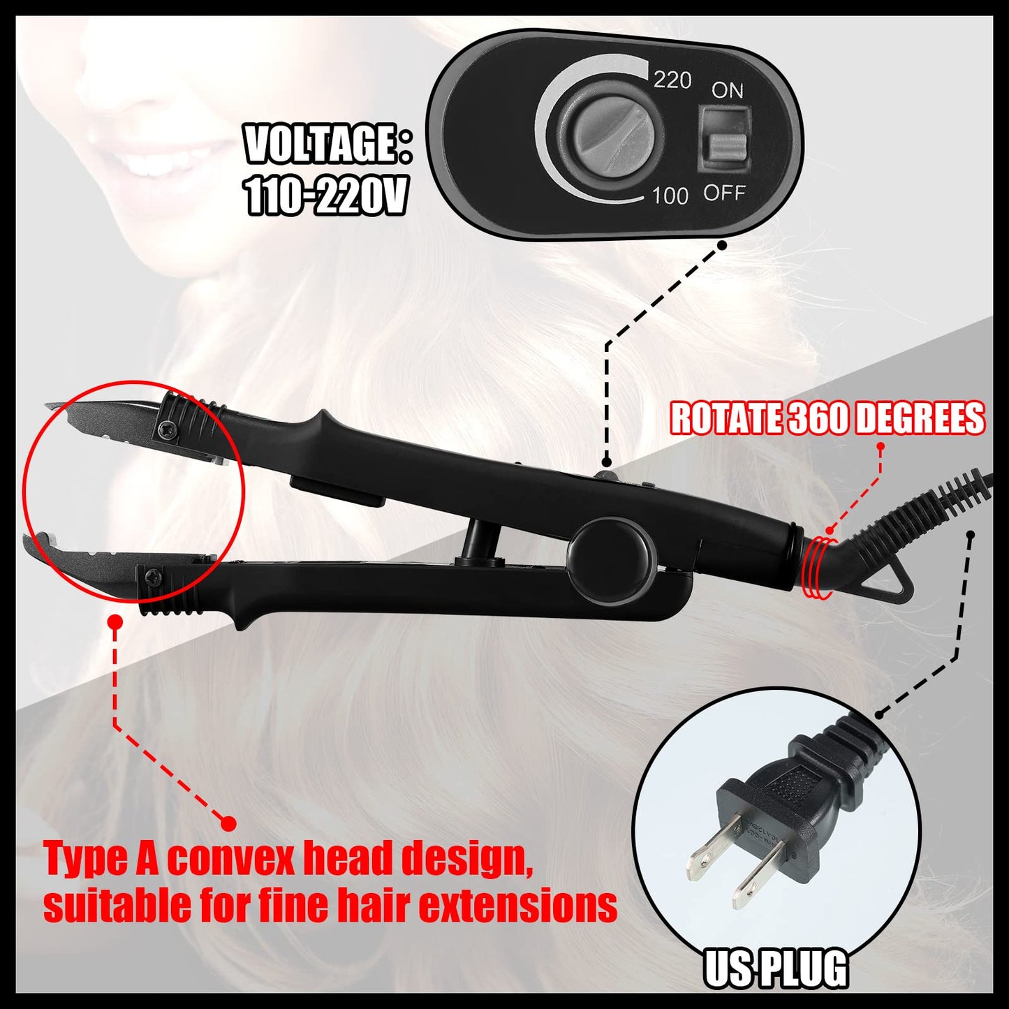 Lanties Hair Extensions Iron Fusion Keratin Hair Extensions Heat Tool Heat Connector Wand with Fusion Glue Protector Template Hair Clip Finger Protector 2 Bag Keratin Glue Granule Bead(Black)