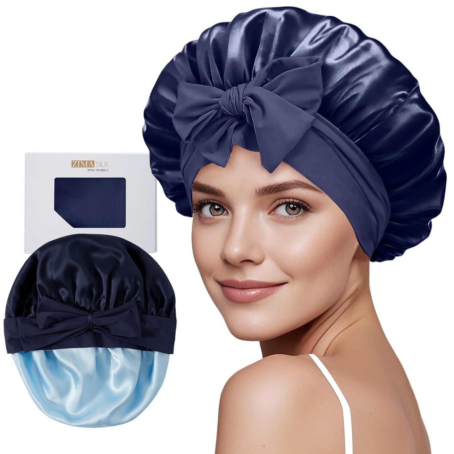 ZIMASILK 100% Mulberry Silk Bonnet - Double Layer Hair Wrap for Long Hair | Navy Blue