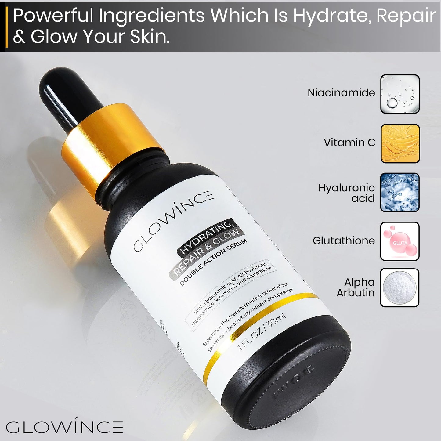 GLOWÍNCE Hydrating Repair & Glow Face Serum with 10% Niacinamide + 5% Vitamin C (MAP), 1.5% HA & Glutathione – Brightening & Dark Spot Corrector – targets hyperpigmentation – Antioxidant-Rich – 30ml