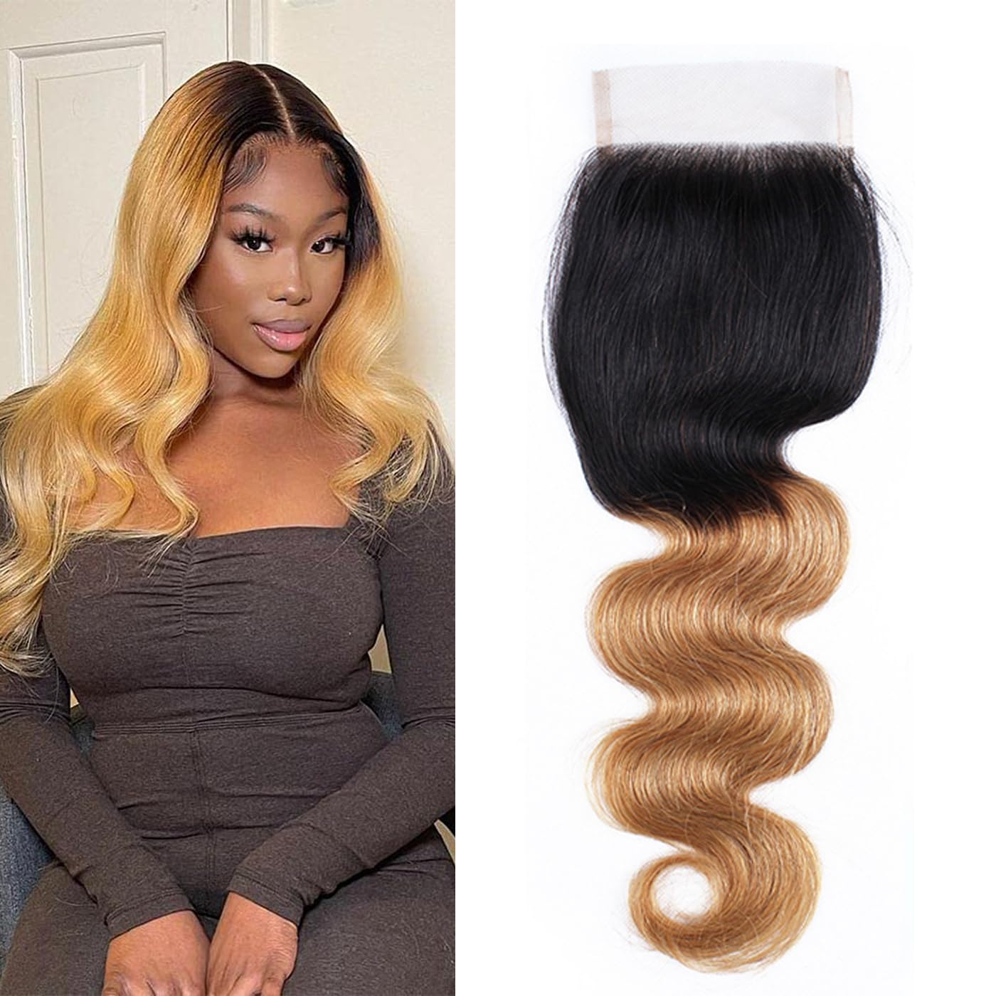 4x4 Lace Closure - 1B27 Ombre Body Wave Brazilian Human Hair Extensions | Pre-Plucked, Bleached Knots, 16 Inch