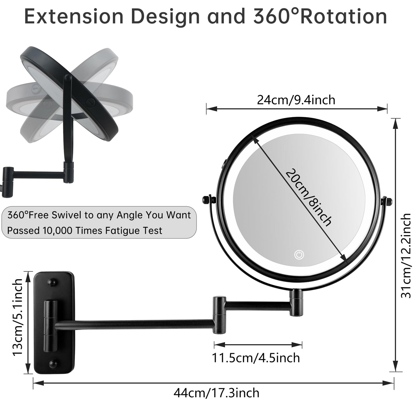 JANEEVA 8" Wall Mounted Lighted Makeup Mirror,Rechargeable Double Sided 1X/10X Magnifying Mirror with 3 Color Lights,Touch Dimmable Bathroom Vanity Mirror with 360°Swivel Extendable Arm Matte Black