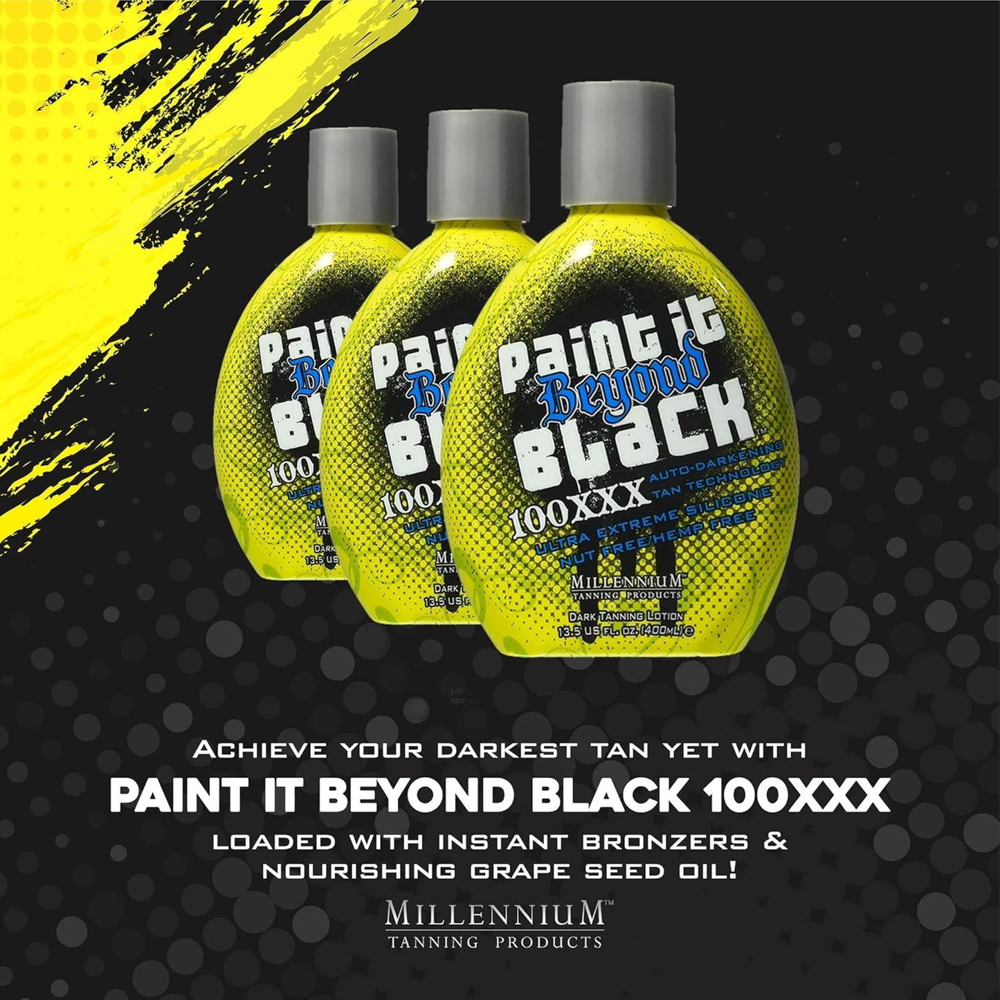 Millennium Tanning Paint it Beyond Black 100 XXX Dark Tanning Lotion Accelerator for Indoor Tanning Beds & Outdoor Sun Tan with Bronzer, 13.5 Oz
