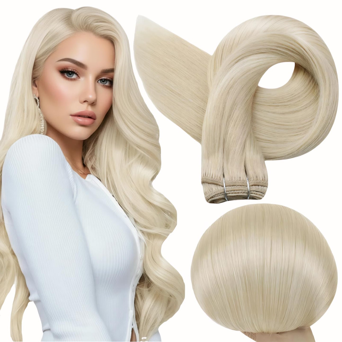 Full Shine Blonde Hair Weft Extensions Sew In Hair Extensions Color Platinum Blonde Hair Extensions Sew In Remy Human Hair Extensions Straight Hair Bundles Weft Human Hair 80G 12 Inch