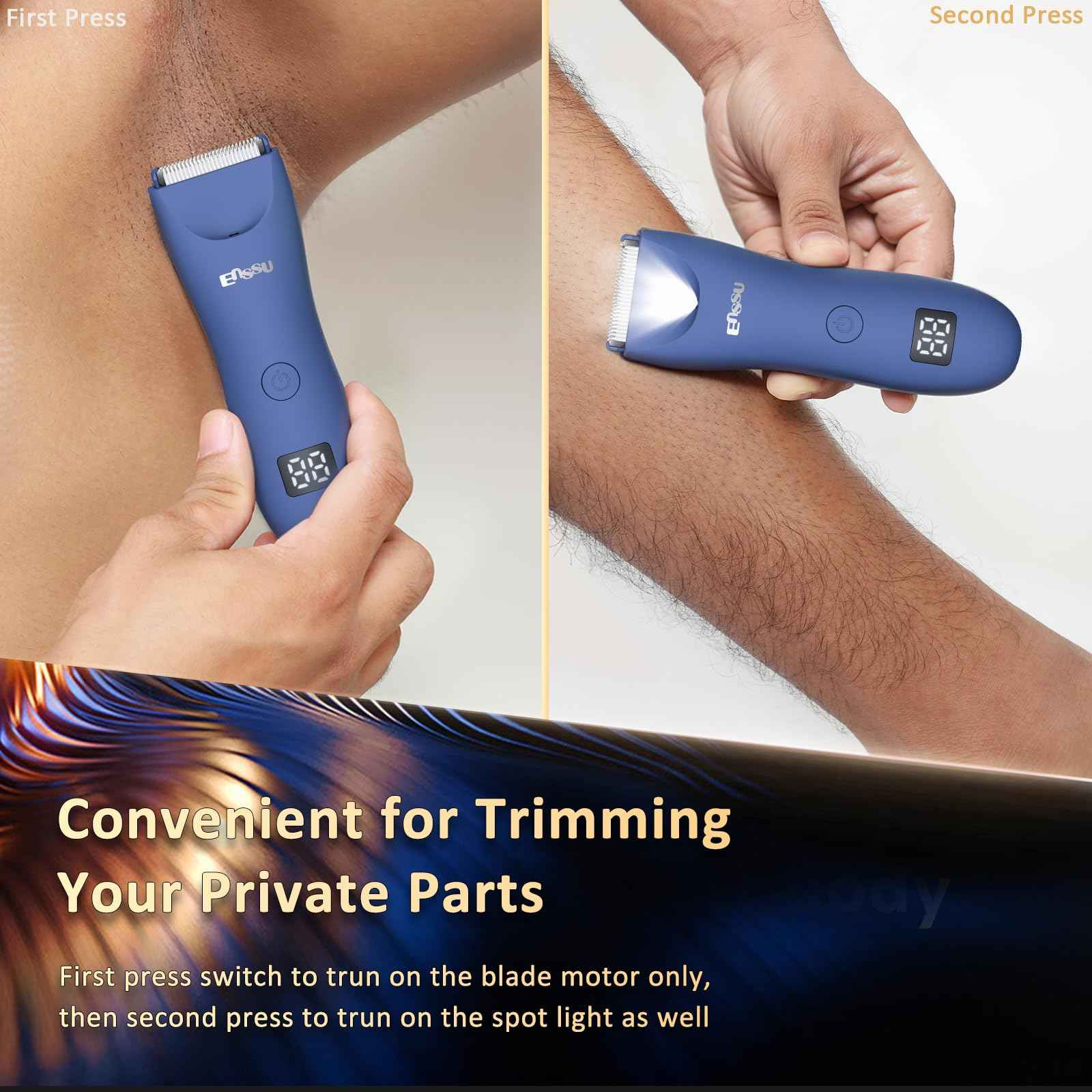 ENSSU Body Hair Trimmer for Men with Light, IPX7 Waterproof Ball Pubic Groin Hair Trimmer for Man with Ceramic Blade, Rechargeable Body Groomer for Men with Charing Dock,LED Display,Blue
