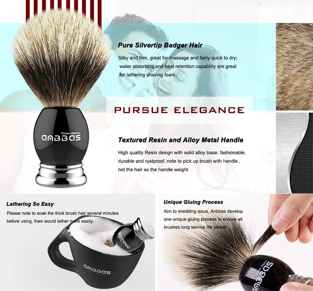 Anbbas Silvertip Badger Shaving Brush,Black Resin & Alloy Handle for Men Wet Shave,Pure Badger Hair,No Hair Shedding,No Terrible Smell