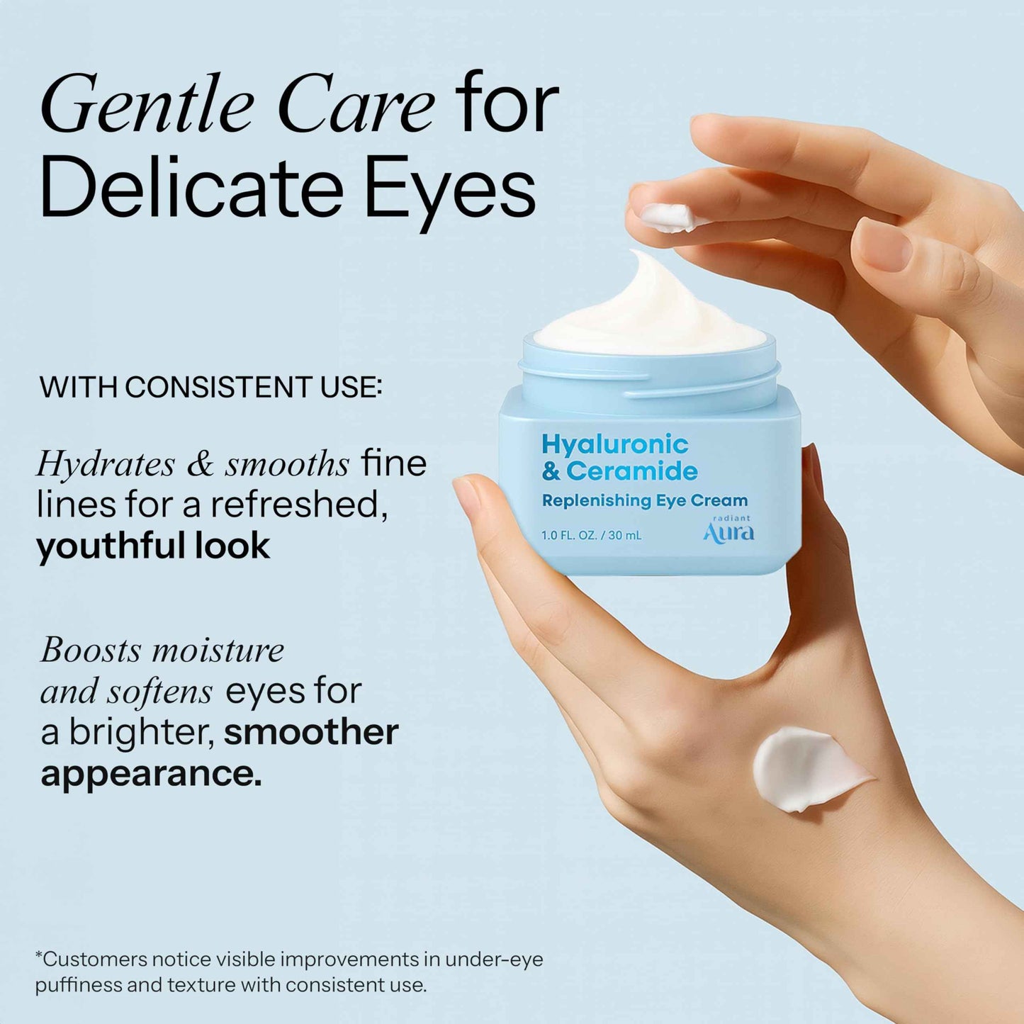 Radiant Aura Eye Cream - Anti-Aging Cream with Hyaluronic Acid & Ceramides - Hydrating Formula for Dark Circles, Puffiness & Fine Lines - Korean Skincare - 1 oz - Pack of 2