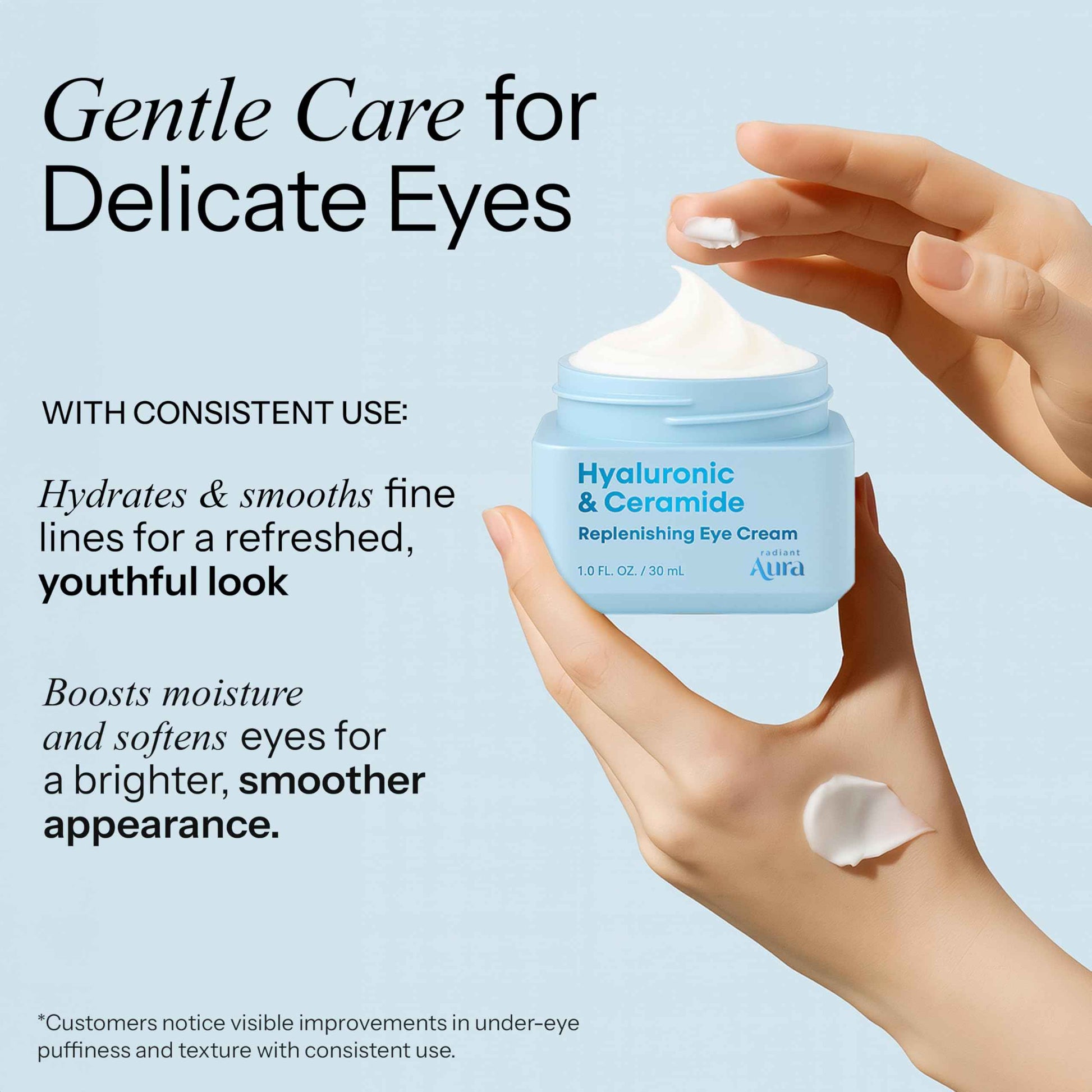 Radiant Aura Eye Cream - Anti-Aging Cream with Hyaluronic Acid & Ceramides - Hydrating Formula for Dark Circles, Puffiness & Fine Lines - Korean Skincare - 1 oz - Pack of 2