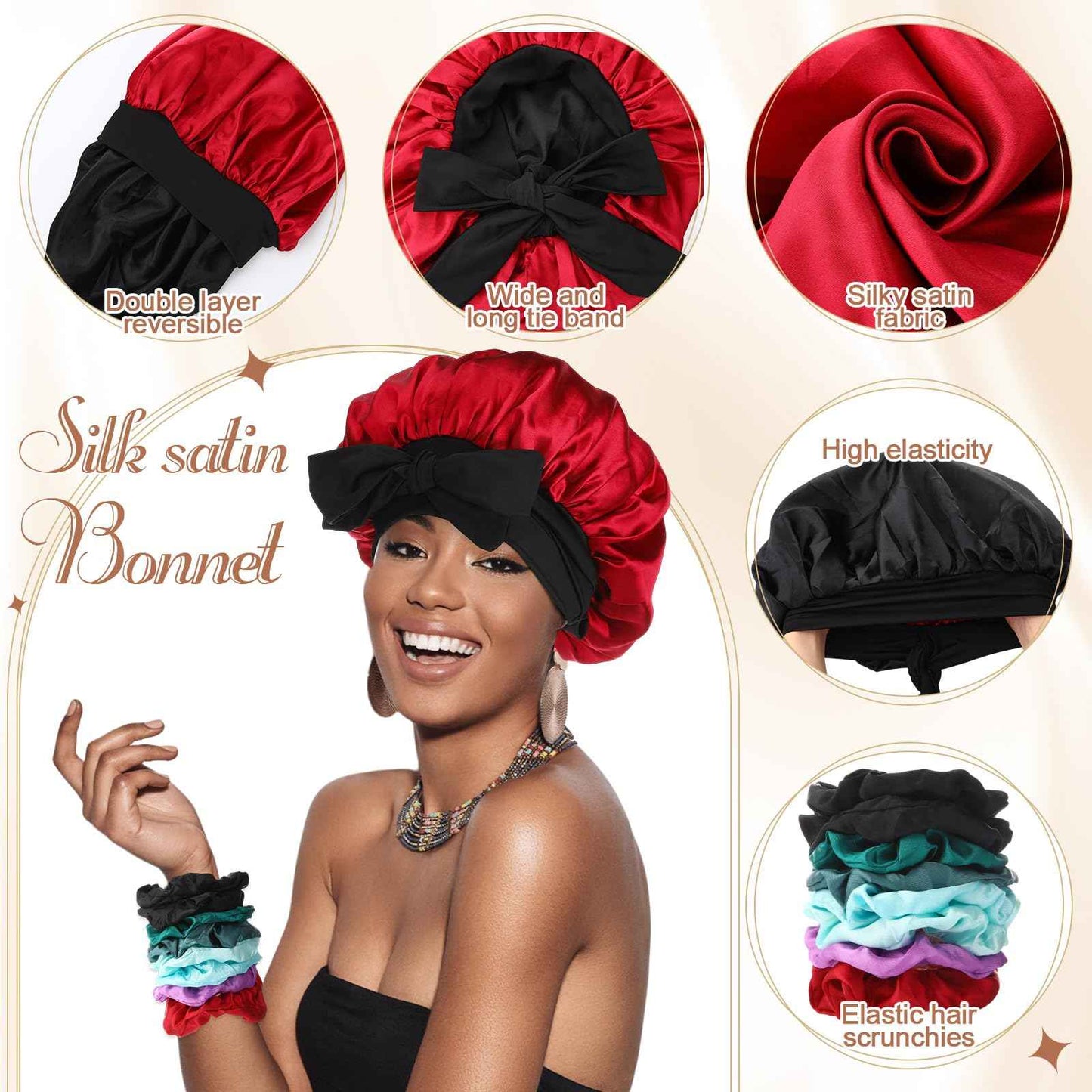 JaGely 4 Pcs Satin Bonnet for Women Tie Hair Bonnet for Sleeping Large 2 Layered Silk Cap With 8 Pcs Hair Scrunchies Double Layer Satin Bonnets (Dark Color)