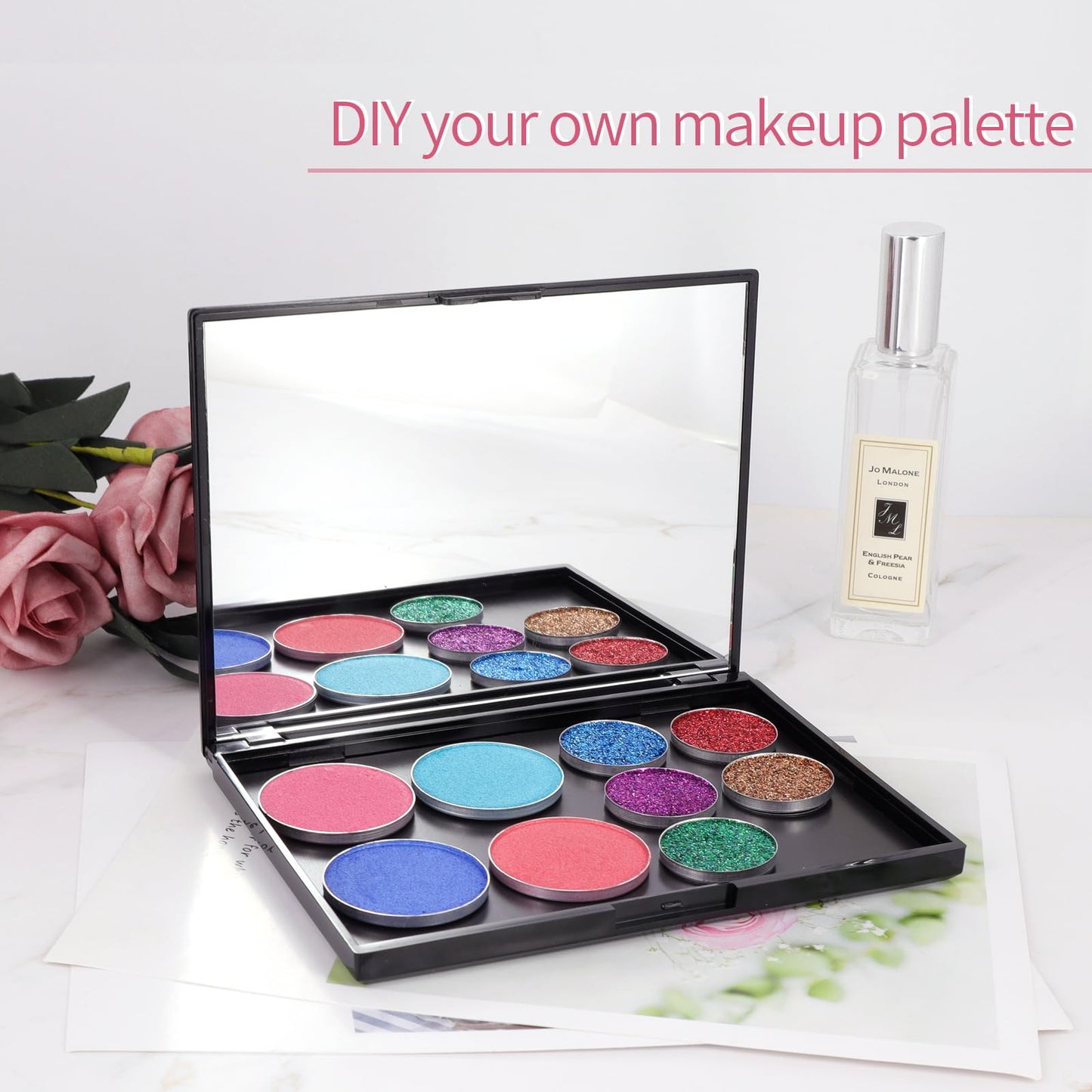 Snowso 3 Pack Magnetic Makeup Palette with Mirror, Empty Travel Makeup Organizer with 60Pcs Adhesive Metal Stickers For DIY Your Own Powder Palette(Medium Palette - 5.7"x4.3")