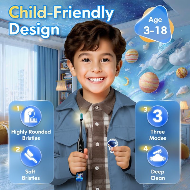 Kids Sonic Electric Toothbrush - Rechargeable with Timer & 4 Heads | Astronaut Black, Ages 3-18
